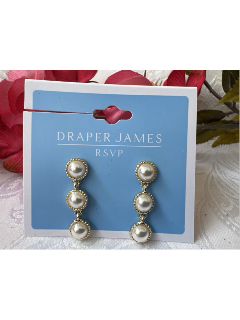 Draper James Dainty Dangle 1.25" Earrings Pearl Drop Bar GoldTone Classic NEW